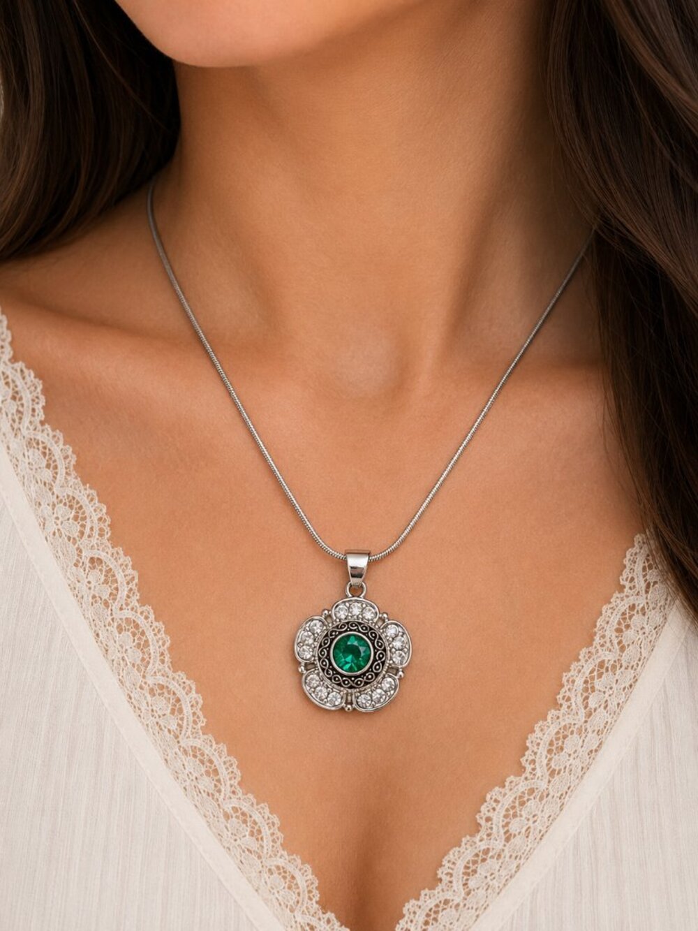 Silver Rhinestone Flower Snap Necklace Green Crystal & Yellow Rose Snaps